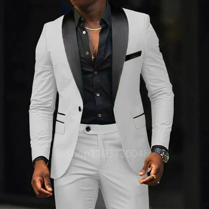 2 Piece Solid Casual  Men Wedding Suits Slim Fit Shawl Lapel Blazer Pant Designs Party Prom Suits Best Man Business Wear Suit