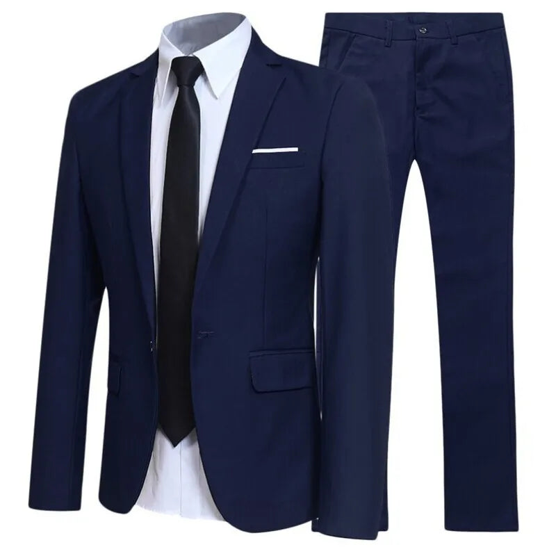 Men's Black Elegant Suits+Pants Slim Fit Single Button Lapel Pockets Blazer Party Formal Business Dress Suit Male Wedding Set