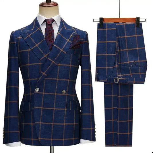 men suit party 2024 New Male Suit Tailor-Made 3 Pieces Set Fashion Plaid Peak Lapel For Business Wedding Party Singer Groom