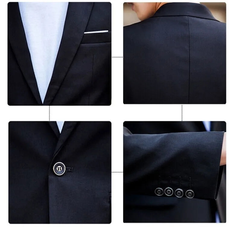 Men's Black Elegant Suits+Pants Slim Fit Single Button Lapel Pockets Blazer Party Formal Business Dress Suit Male Wedding Set