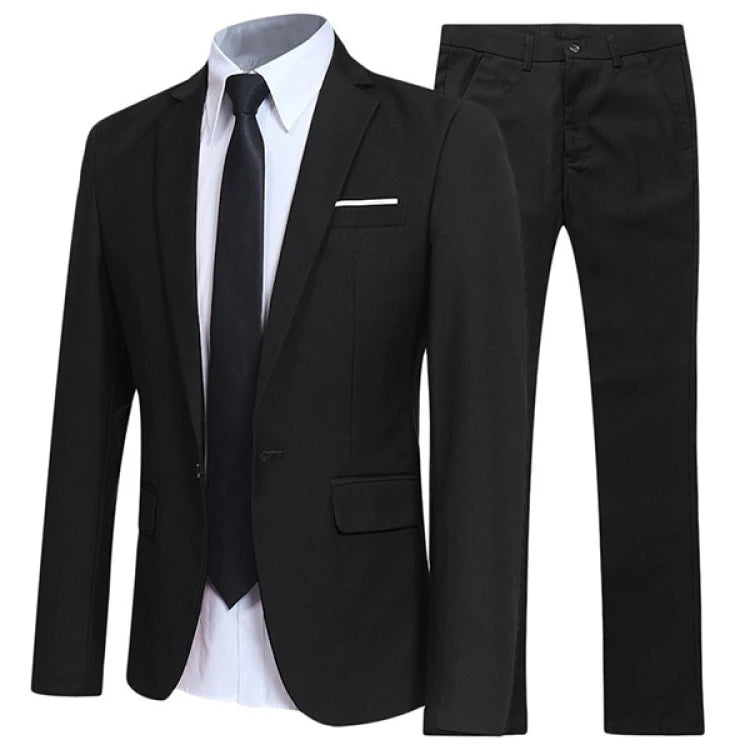 Men's Black Elegant Suits+Pants Slim Fit Single Button Lapel Pockets Blazer Party Formal Business Dress Suit Male Wedding Set