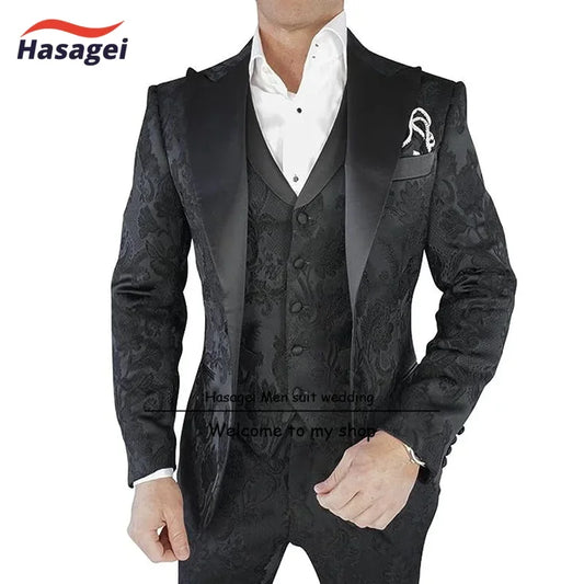 Men's Suit Wedding Tuxedo 3-piece Set Elegant Men's Patterned Jacket Pants Vest Formal Groom Blazer