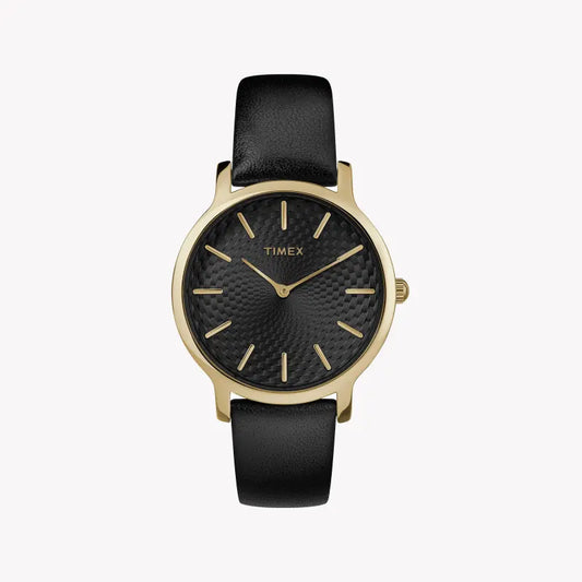 Timex Women's Black Leather Watch, Gold Case | Tw2r36400-0