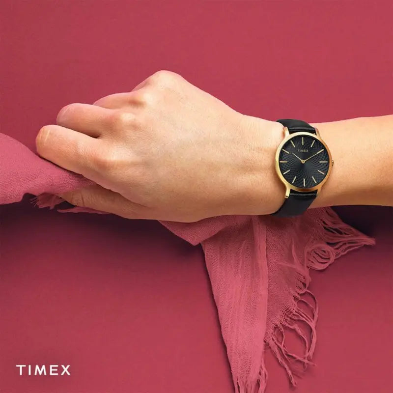 Timex Women's Black Leather Watch, Gold Case | Tw2r36400-3